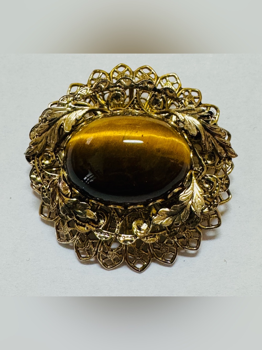 Gold-Tone Tiger Eye Filigree Brooch